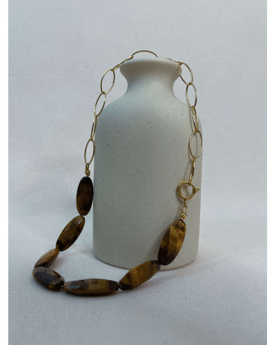 Collier Néa – Œil de tigre facetté, acier doré & chaîne ovale – Atelier Jacie